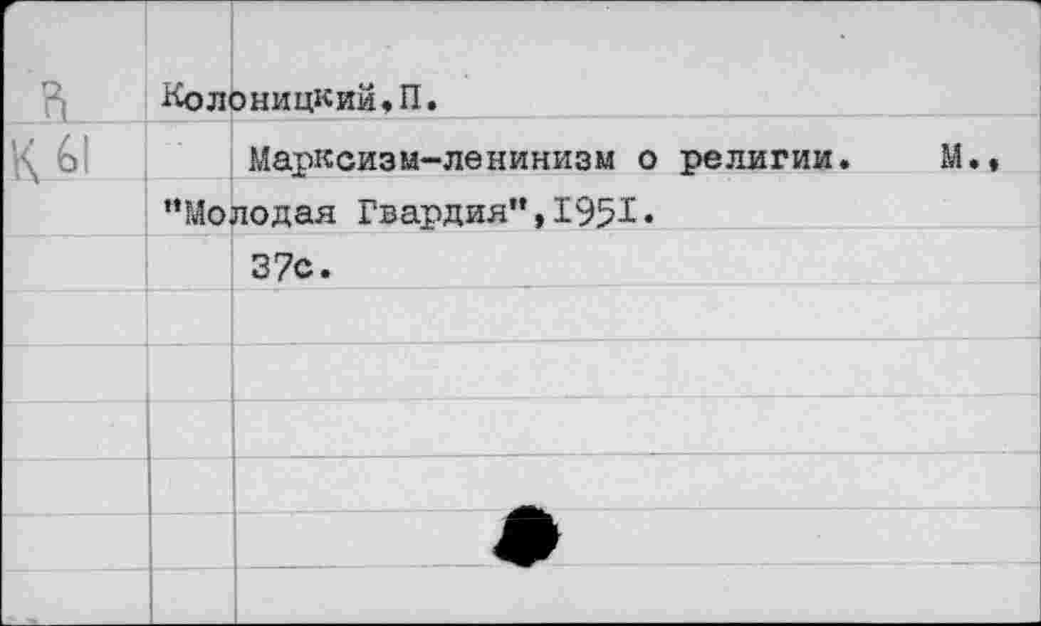 ﻿	Колоницкий.П.
К 61	Марксизм-ленинизм о
“Молодая Гвардия”,1951•	
37с.	
религии. М.»